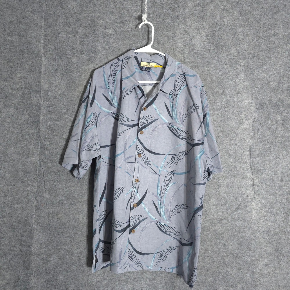 Tommy Bahama Silk Shirt Mens XL Blue Leaf Print Short Sleeve Camp Coconut Button